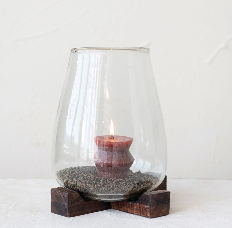 Ivan Glass and Wood Hurricane Vase