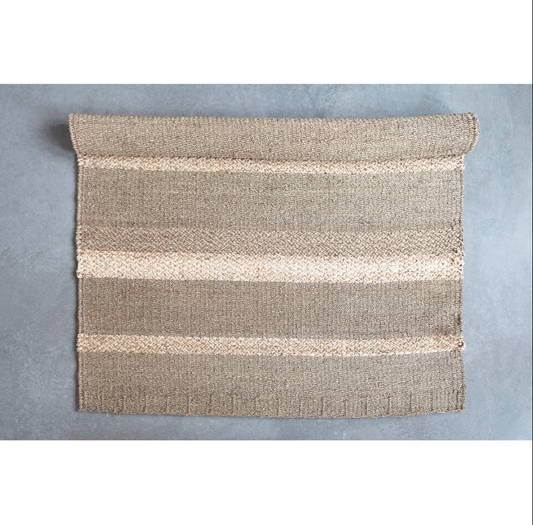 Hand-Woven Seagrass and Corn Husk Rug with Stripes