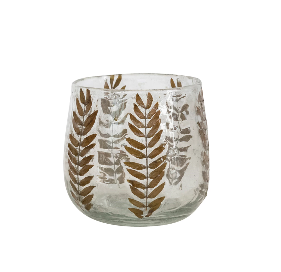 Hand-Blown Glass Votive Holder with Embedded Natural Botanical - Small