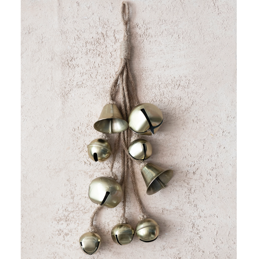 Metal Bell Cluster with Jute Rope, Antique Brass Finish