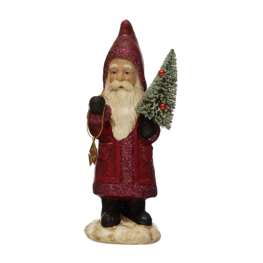 Paper Mache Santa with Bottle Brush Tree