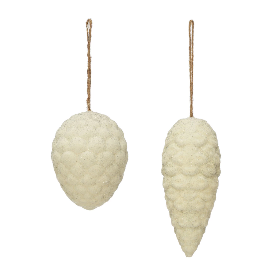 Flocked Wood Pinecone with Silver Glitter