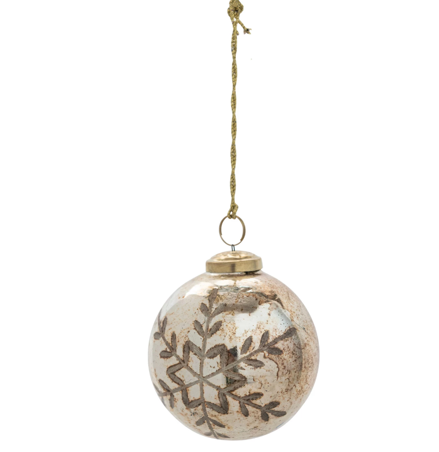 Glass Ball Ornament w/ Etched Snowflake
