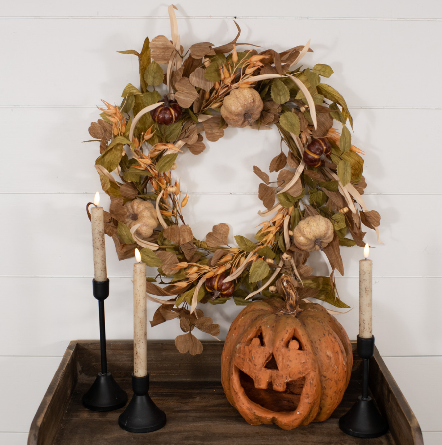 Mixed Fall Foliage Wreath with Pumpkins