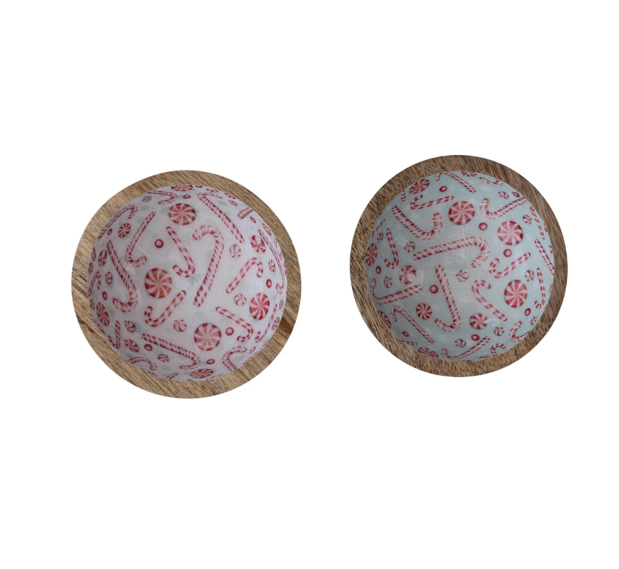 Enameled Mango Wood Footed Bowl w/ Candy Canes/Peppermints, 2 Colors
