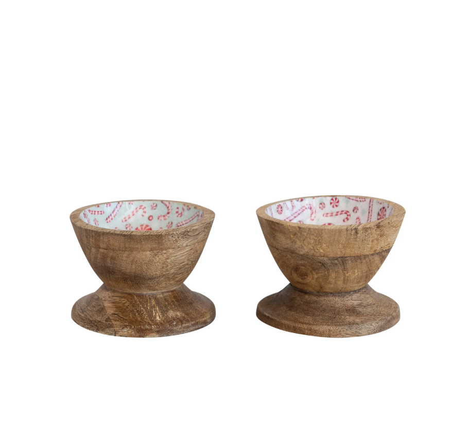 Enameled Mango Wood Footed Bowl w/ Candy Canes/Peppermints, 2 Colors