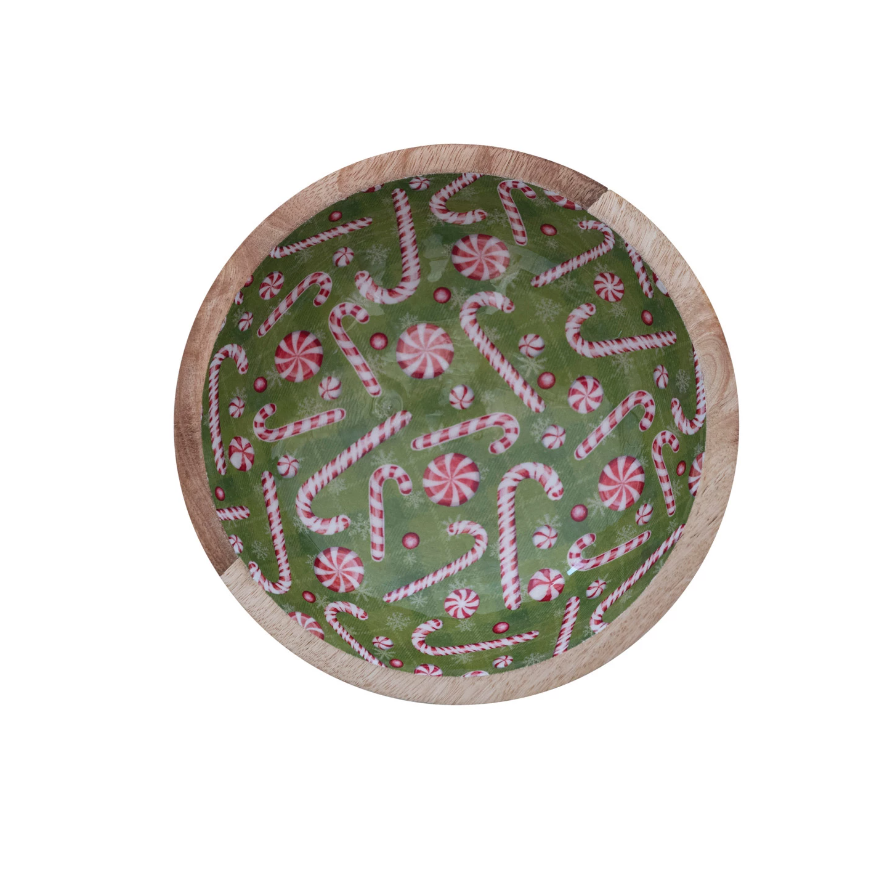 Enameled Mango Wood Footed Bowl w/ Candy Canes