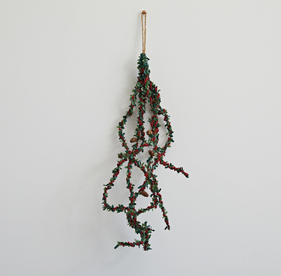 Faux Holly Leaf Spray w/ Red Berries & Natural Pinecones
