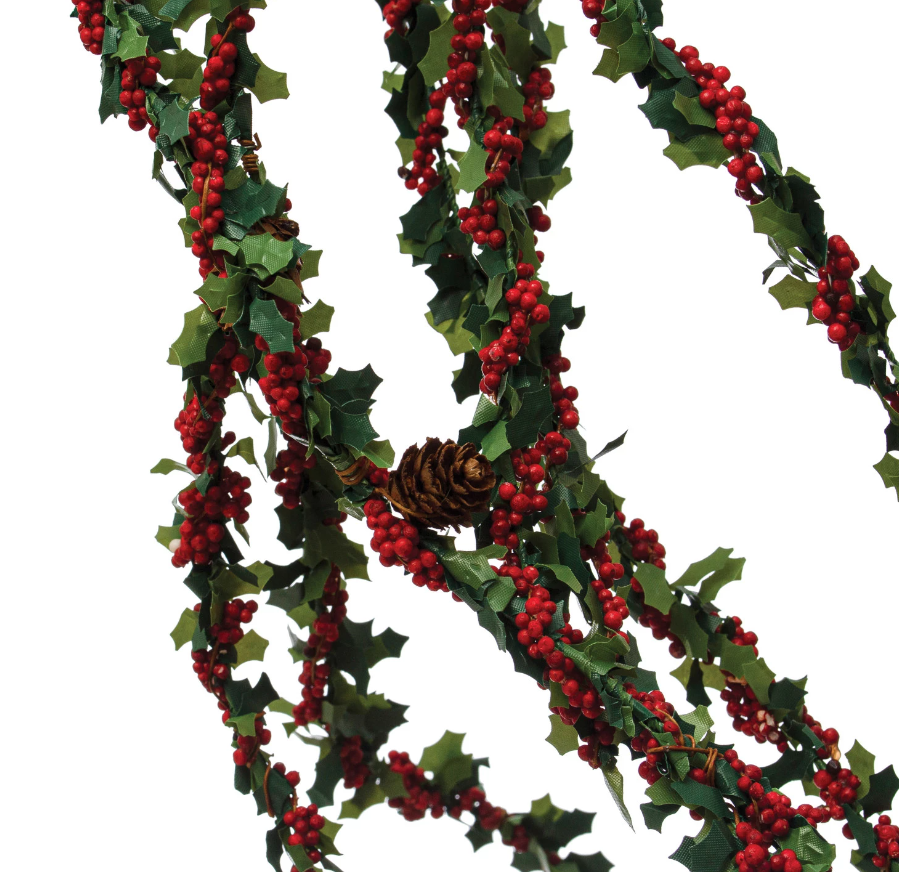 Faux Holly Leaf Spray w/ Red Berries & Natural Pinecones
