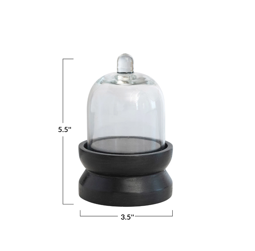 Glass Cloche w/ Black Mango Wood Pedestal Base