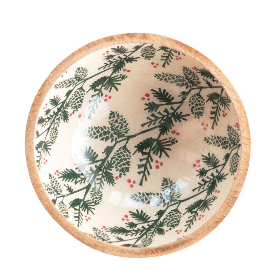 Enameled Mango Wood Bowl with Pine Pattern