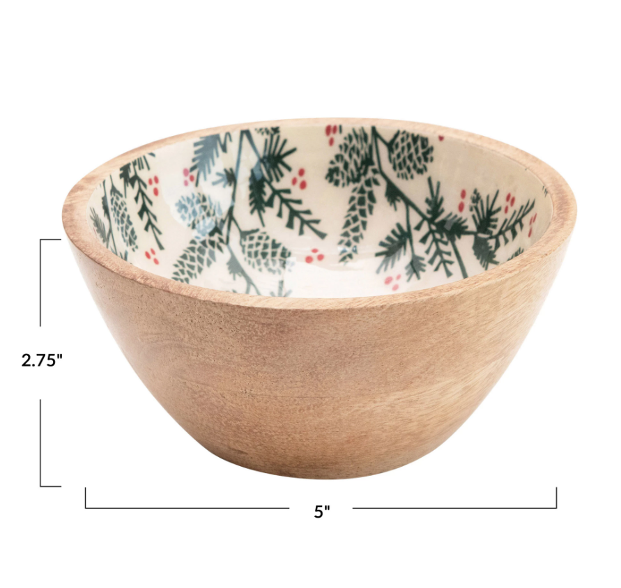 Enameled Mango Wood Bowl with Pine Pattern
