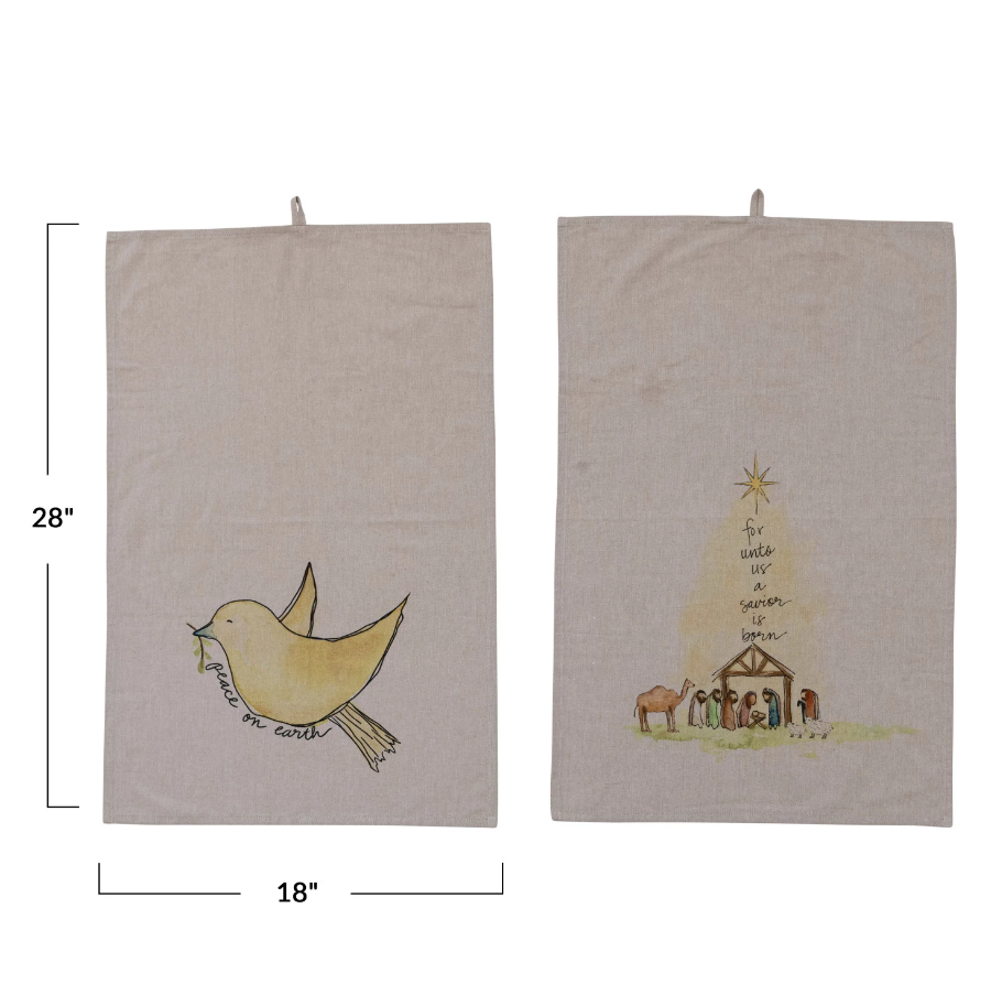 Chambray Printed Tea Towel with Nativity or Dove