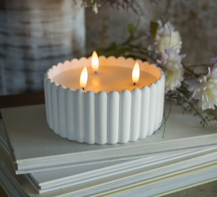 White Scalloped 3 Wick Flameless Candle