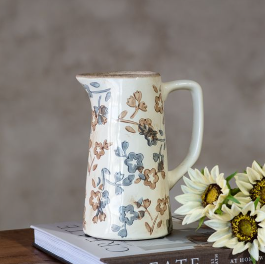 Tan and Blue Floral Pitcher Vase