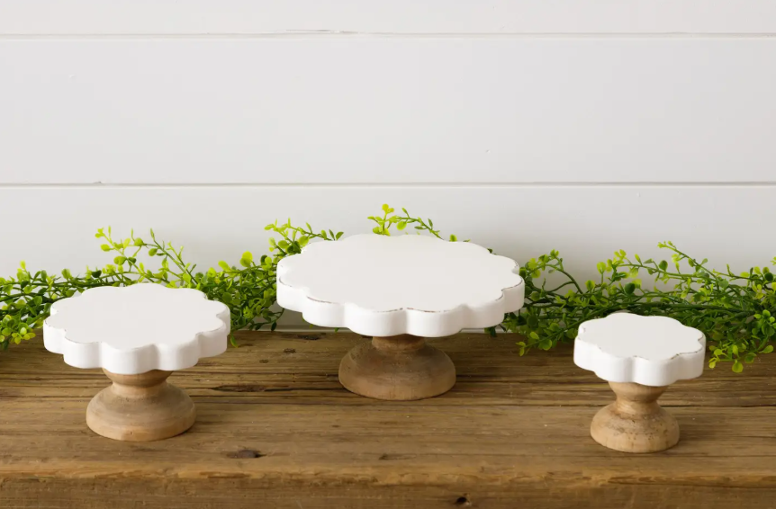Scalloped White and Wood Pedestals - 3 Sizes