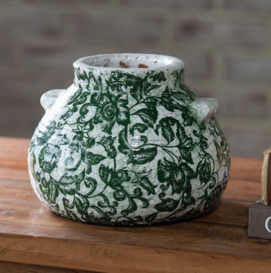 Green Floral Squat Vase