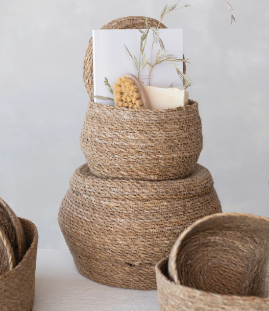 Hand- Woven Seagrass Baskets with Lids- 2 Sizes