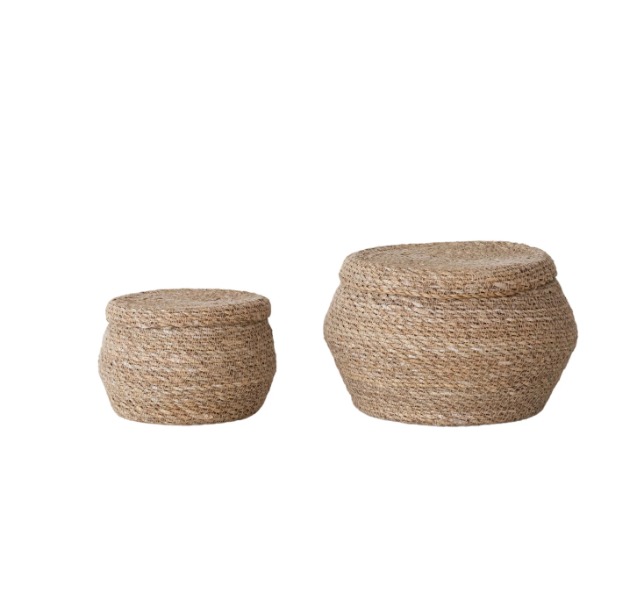 Hand- Woven Seagrass Baskets with Lids- 2 Sizes