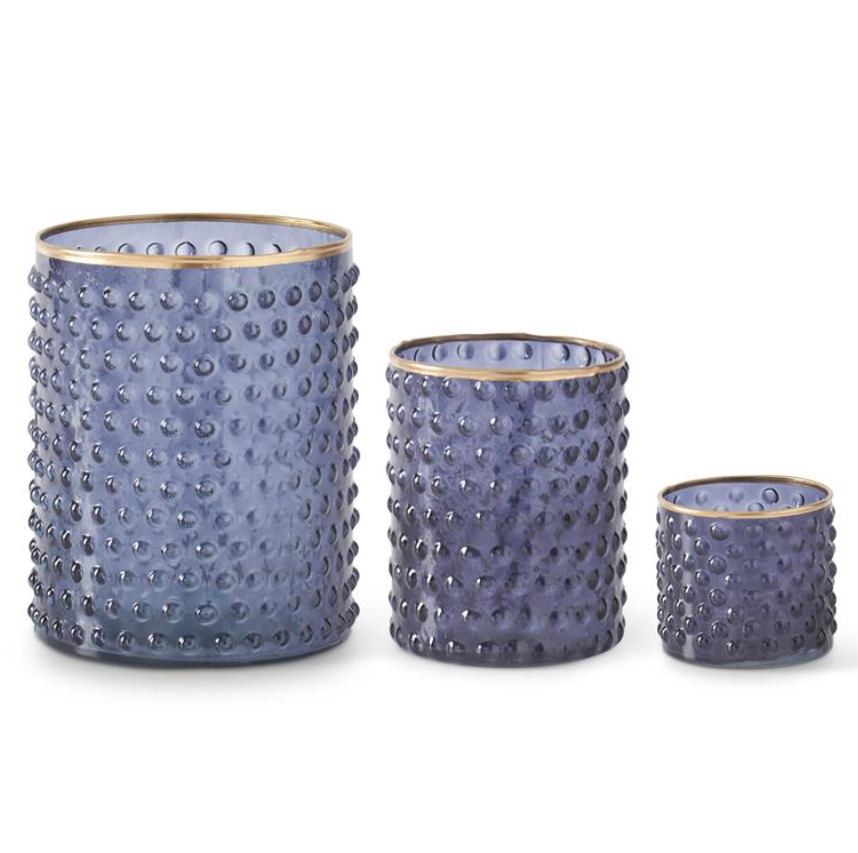 Blue Glass Hobnail Hurricanes with Gold Rim - 3 Sizes