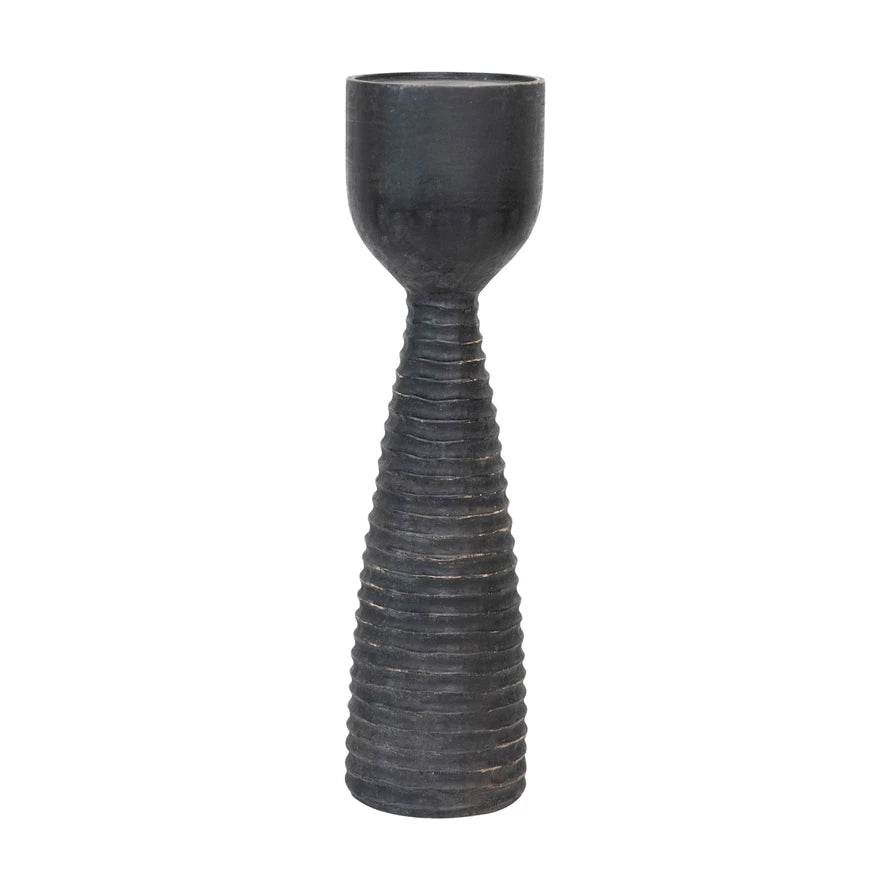 Black Wood Ribbed Candle Holder - Short