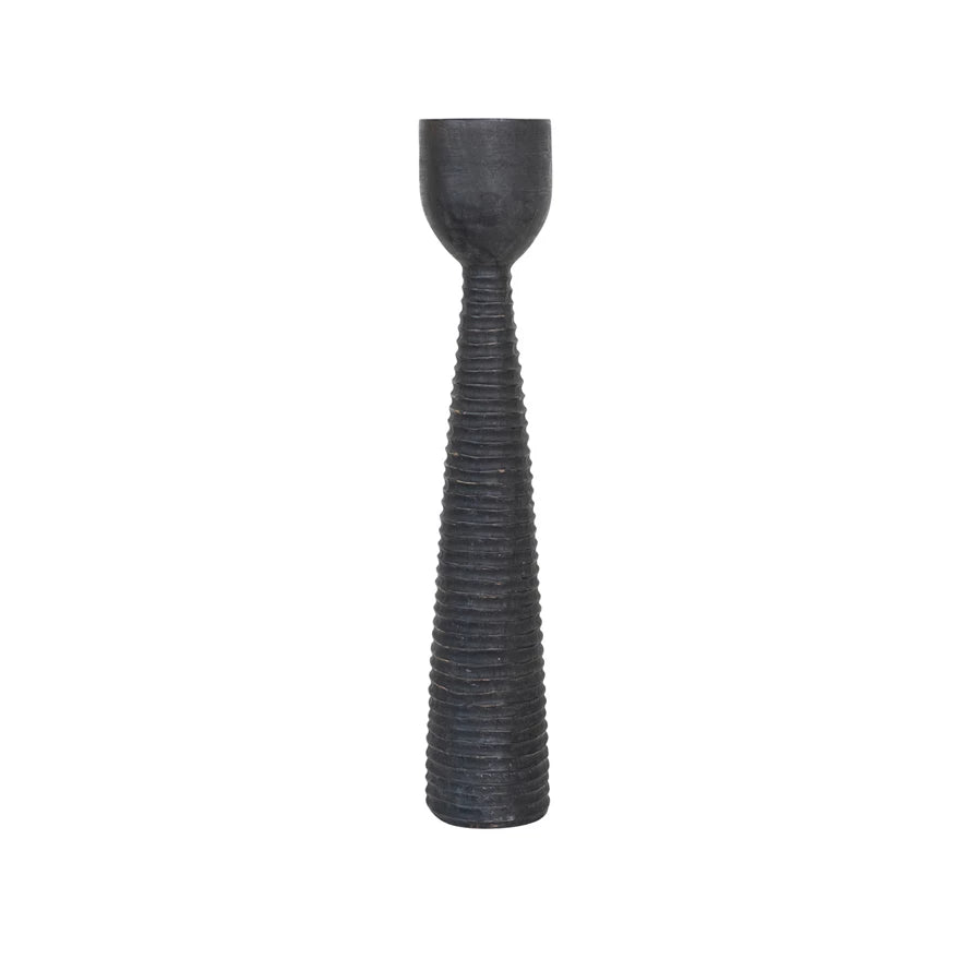 Black Wood Ribbed Candle Holder - Tall