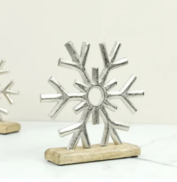 Silver Snowflake on Wood Base - Large