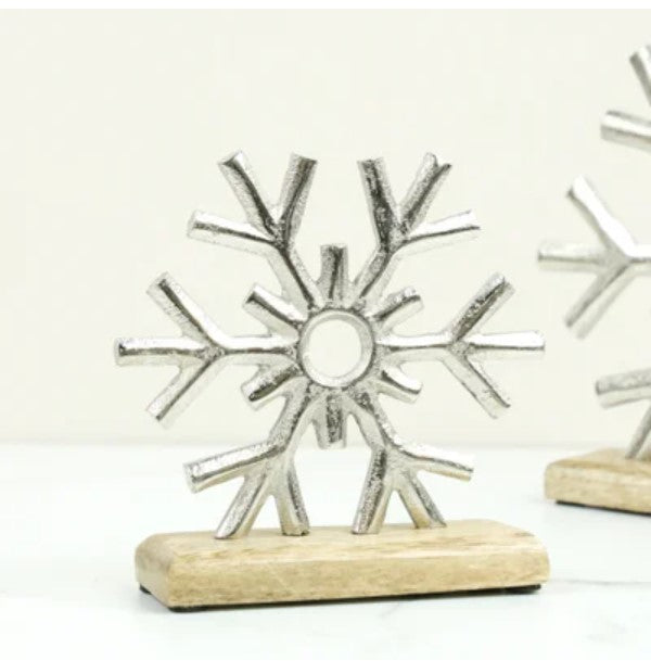 Silver Snowflake on Wood Base - Small