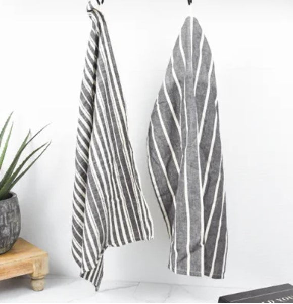 Charcoal and Ivory Stripe Towels - Set of 2