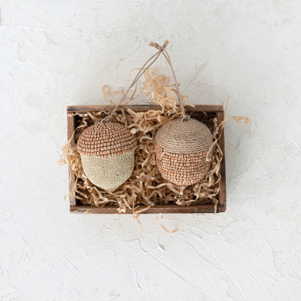 Jute and Wood Beaded Acorn Ornament - 2 Styles