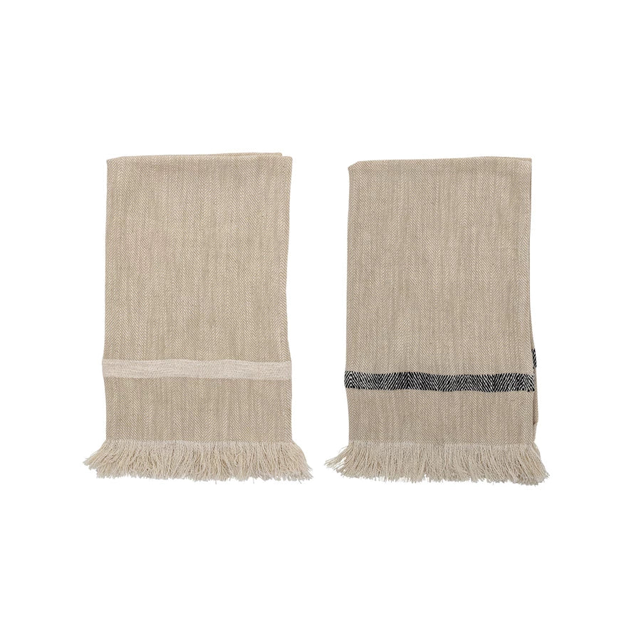 Natural Tea Towel with Stripe and Fringe -Set of 2