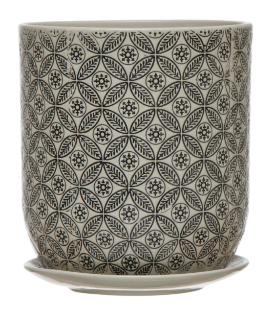 Black Stamped Stoneware Planter with Saucer