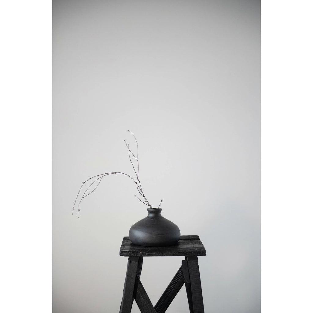Flat Round Black Wood Vase