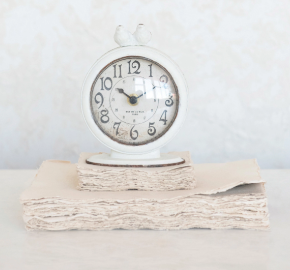 Pewter Cream Mantel Clock with Birds