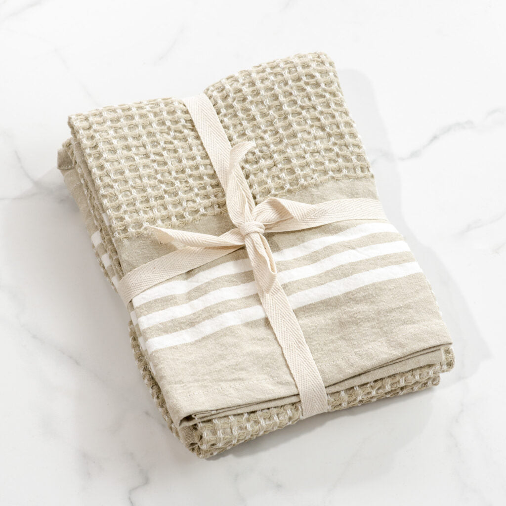 Double Stripe Taupe Waffle Towels- Set of 2