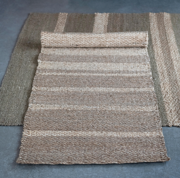 Hand-Woven Seagrass and Corn Husk Rug with Stripes