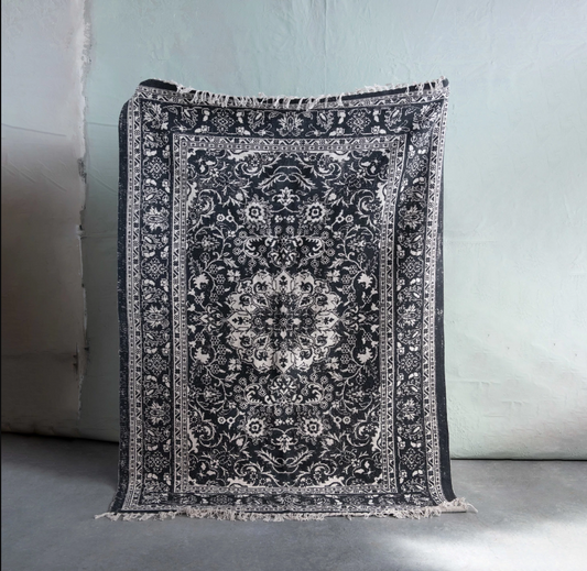 Raine Woven Cotton Distressed Print Dhurrie Rug w/ Fringe