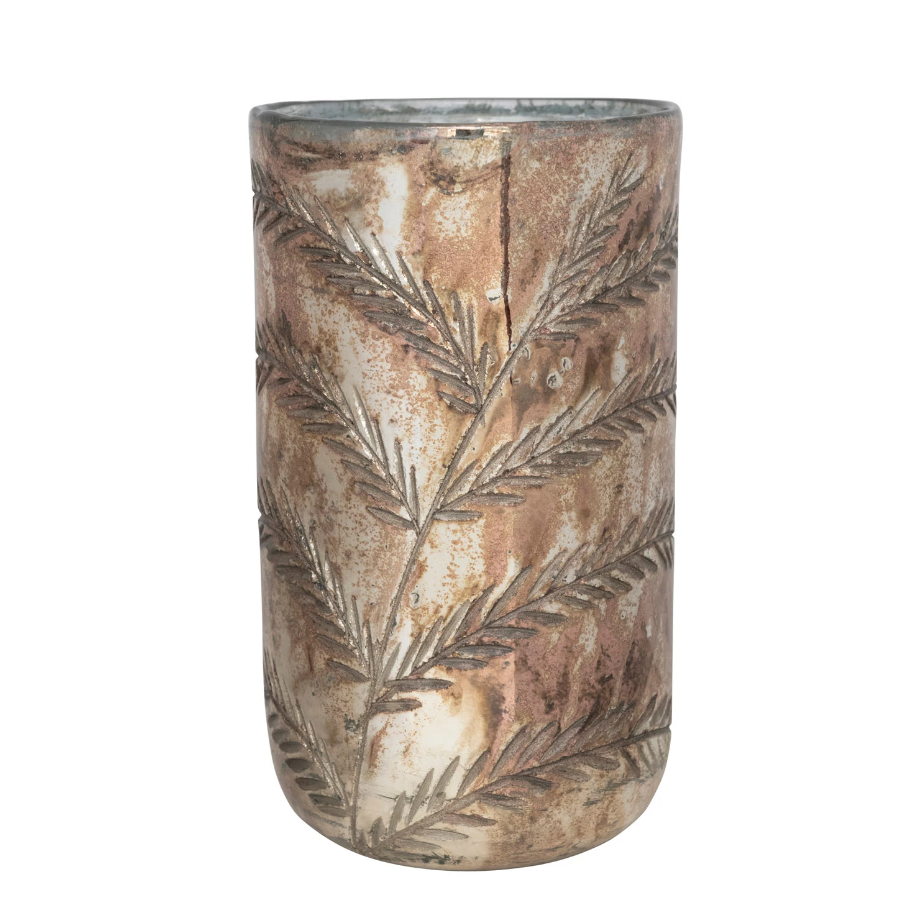 Etched Mercury Glass Leaf Hurricane /Vase