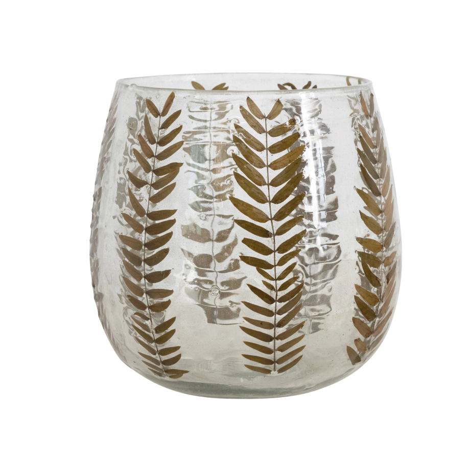 Hand-Blown Glass Candle Holder with Embedded Natural Botanical- Large