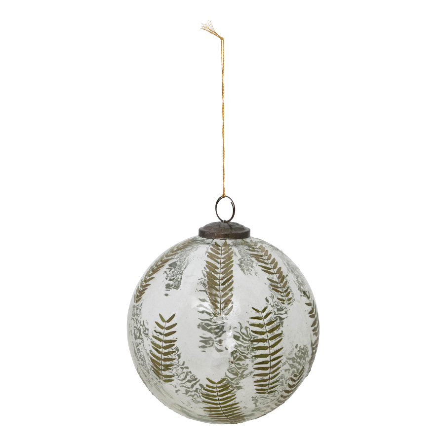 Hand-Blown Glass Ball Ornament with Embedded Natural Botanical
