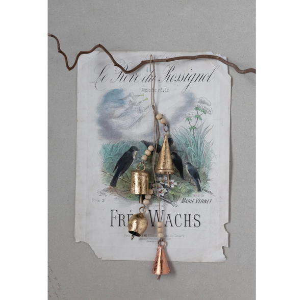 Metal Bell Cluster with Wood Beads and Jute String