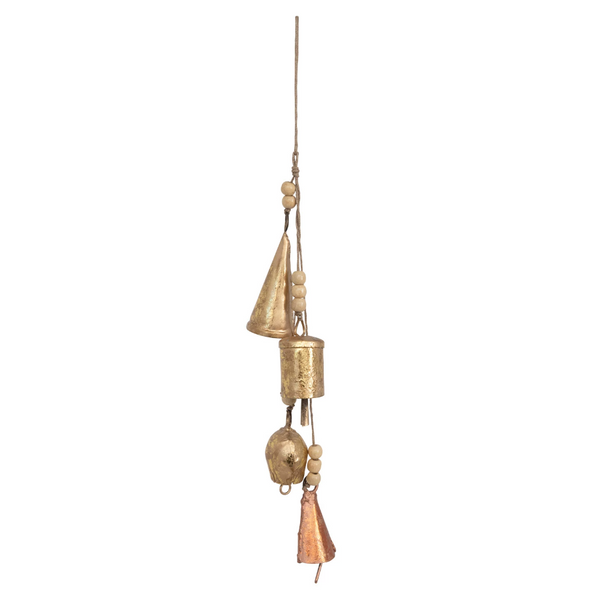 Metal Bell Cluster with Wood Beads and Jute String