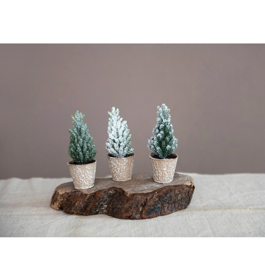 Faux Pine Tree in Paper Pot- Ice Finish- Set of 3