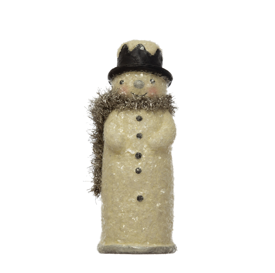 Paper Mache Snowman with Tinsel Scarf