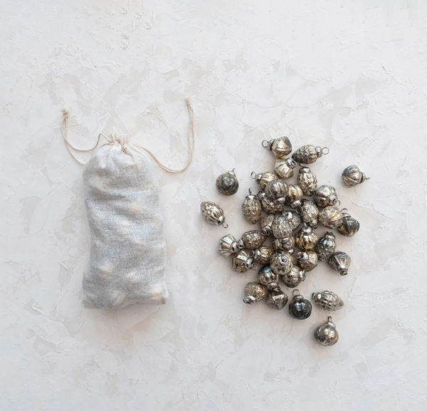 Embossed Mercury Glass Ornaments in Muslin Bag, Antique Silver Finish