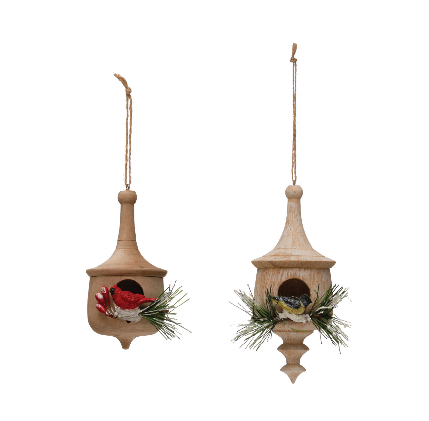 Wood Birdhouse Ornament w/ Greenery