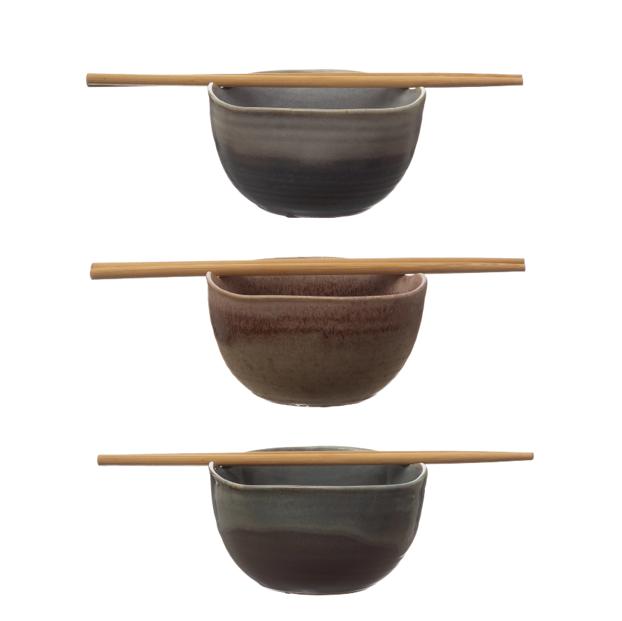 Stoneware Bowl with Chopsticks - 3 Colors
