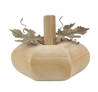 Wood Pumpkin with Metal Leaves