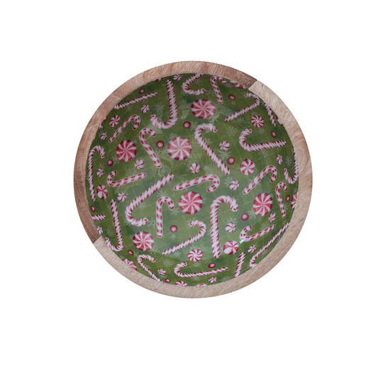 Enameled Mango Wood Footed Bowl w/ Candy Canes