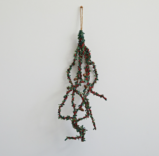 Faux Holly Leaf Spray w/ Red Berries & Natural Pinecones